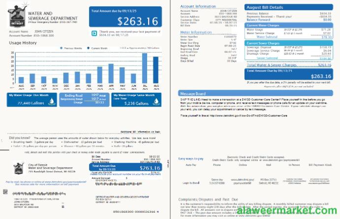 USA Detroit Water and Sewerage Department utility bill template in Word and PDF formats, 2 pages, version 5